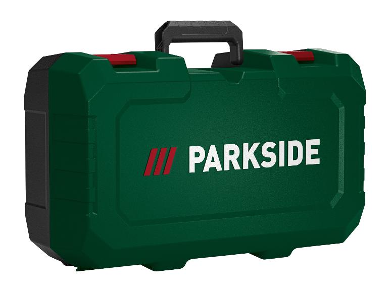 Grüner Parkside Werkzeugkoffer mit schwarzen Griffen und roten Verschlüssen.