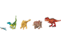 Eine Sammlung von Dinosaurier-Spielzeugen, darunter ein roter T-Rex, ein grüner Velociraptor, ein gelber Stegosaurus und ein brauner Triceratops.