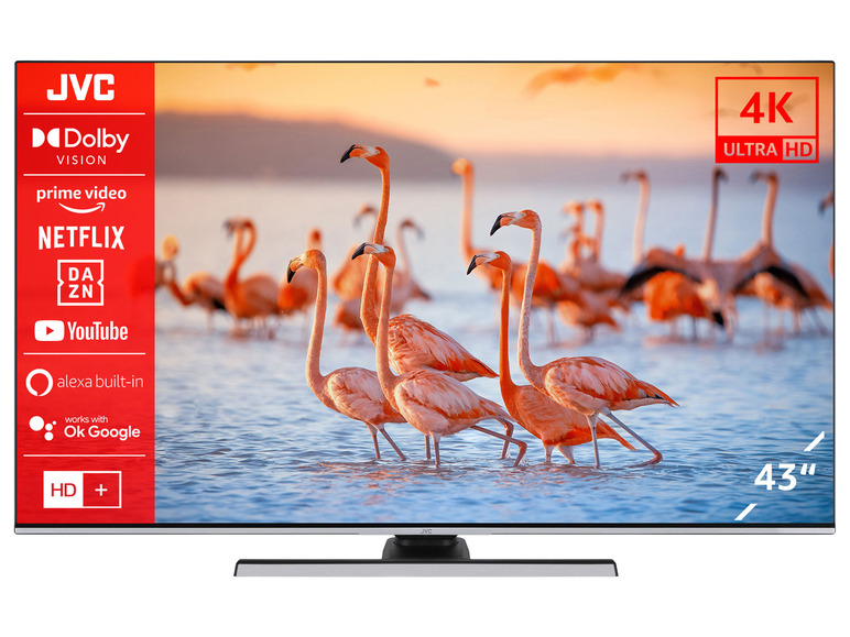 Ein JVC 4K Ultra HD-Fernseher mit Flamingos auf dem Bildschirm.