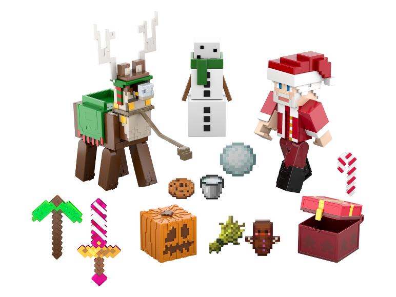 Minecraft Weihnachtsspielzeug-Set mit Rentier, Schneemann und Weihnachtsmann.