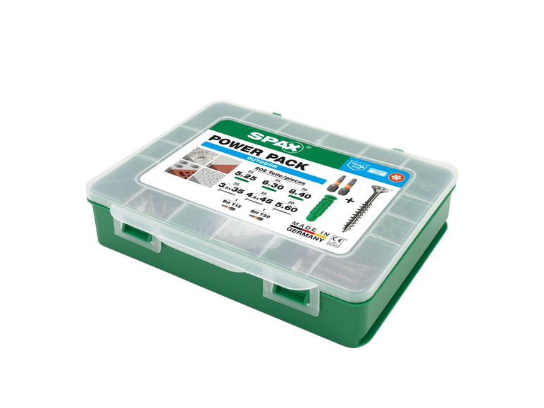 Eine grüne Box mit Spax Schrauben für den Außenbereich