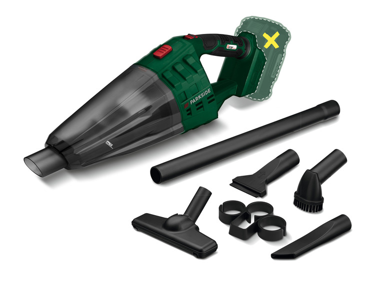 Ein Parkside Handstaubsauger mit verschiedenen Aufsätzen.