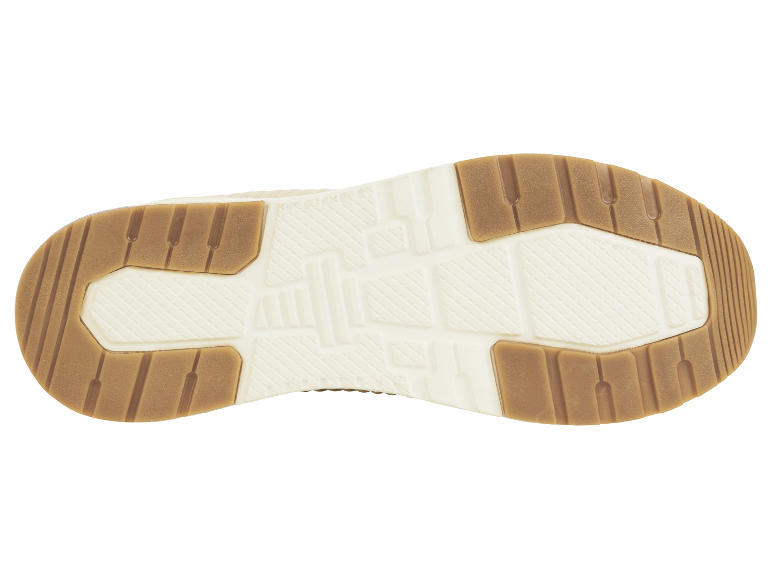 Sohle von hellbeigefarbenen Sneakern mit braunen Details.