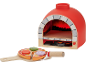 Hölzerner Spielzeug-Pizzaofen mit einer Pizza auf einem Schieber, mit verschiedenen Belägen.