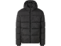 Schwarze Kapuzen-Steppjacke mit Reißverschluss vorne.