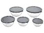 Set aus fünf Glasschalen mit grauen Deckeln, in einer Reihe angeordnet.