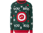 Grüner Weihnachtspullover mit einer Zielscheibe und dem Schriftzug 'YOU MISS YOU KISS'.