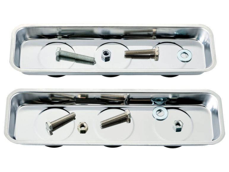 Zwei magnetische Schalen mit Schrauben und Muttern.