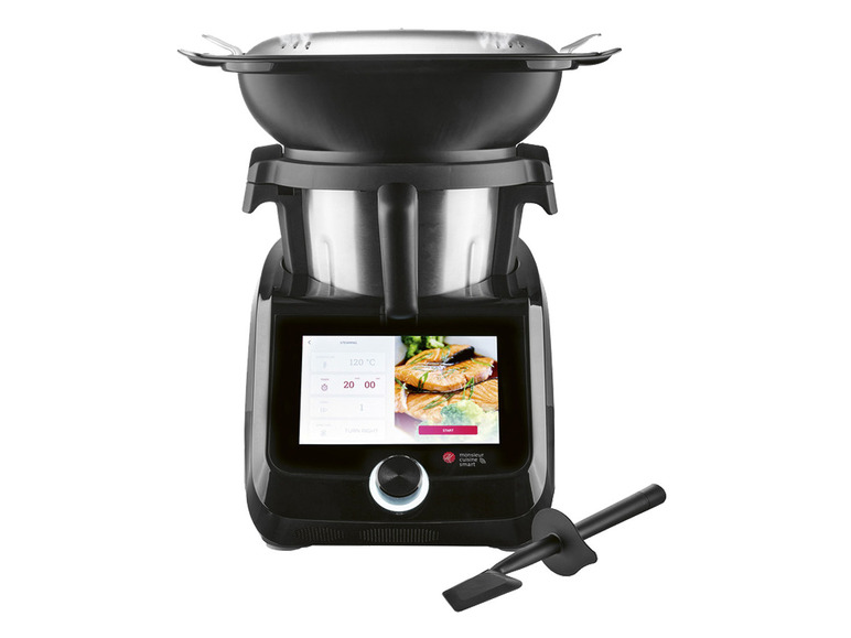Ein Monsieur Cuisine Smart Multikocher mit Dampfkorb und Spatel.
