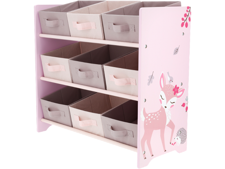 Rosa Kinderregal mit 9 Stoffboxen, verziert mit Reh und Igel.