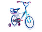 Ein weißes und blaues Kinderfahrrad mit Frozen-Motiv, inklusive Stützräder.