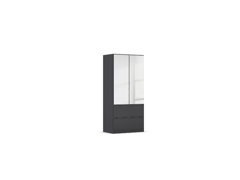 Grauer Kleiderschrank mit zwei Spiegeltüren und zwei Schubladen.