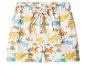 Weiße Kinder-Badeshorts mit farbenfrohem Dinosaurier- und Palmenmuster.