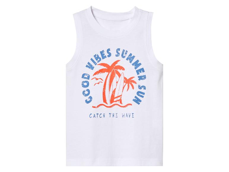 Weißes Kinder-Tanktop, Sommer-Motiv, Surfen und Palmen.