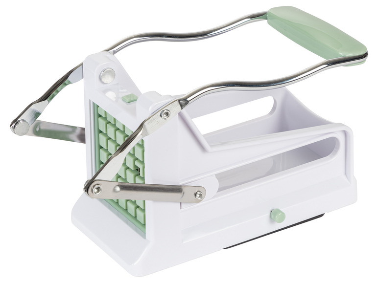 Ein weißer Pommes-Schneider mit grünem Griff