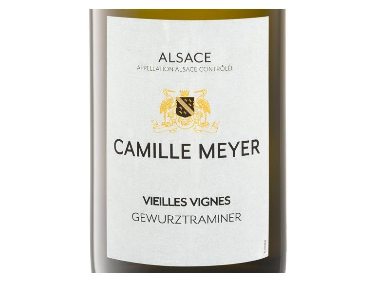 Weißwein mit Etikett, das 'Alsace', 'Vieilles Vignes' und 'Gewurztraminer' anzeigt.