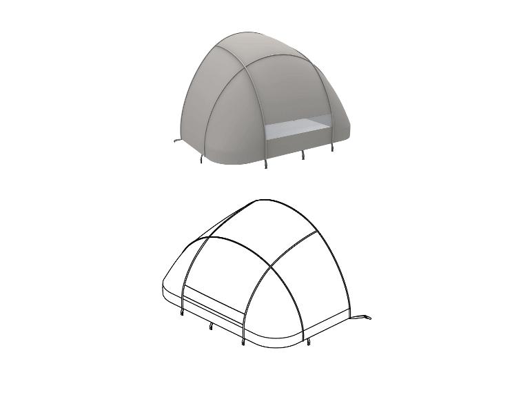 Graues Campingzelt mit Netzfenster und seiner Umrisszeichnung.