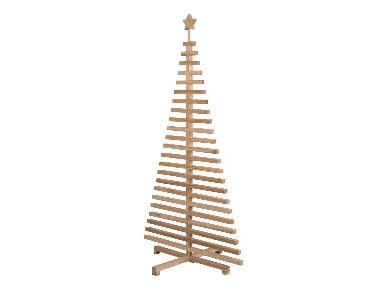 Ein minimalistischer Holz-Weihnachtsbaum mit einem Stern an der Spitze, auf weißem Hintergrund.