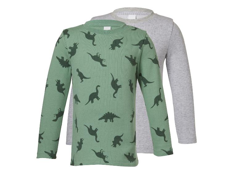 Zwei Kinder-Langarmshirts: ein grünes mit Dinosaurier-Muster und ein einfarbiges graues.