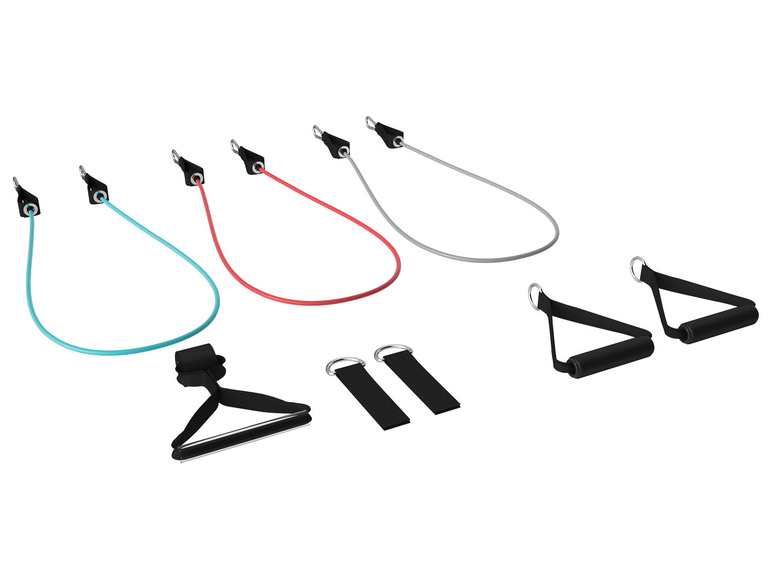 Ein Satz Fitnessbänder mit Griffen und Schlaufen.