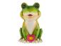 Grüne Frosch-Gartendekoration mit einer rosa Blume, mit leuchtenden Augen