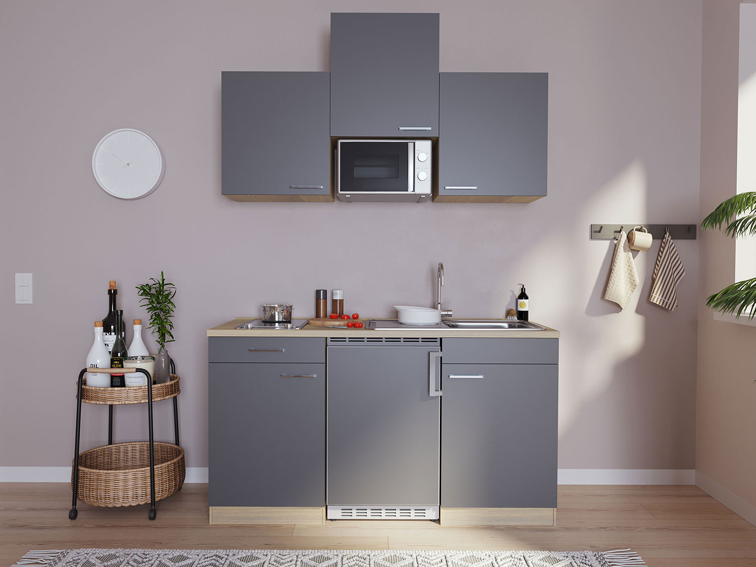 Respekta Singleküche Eiche Sonoma Sägerau 150/160/180cm (mit Mikrowelle, grau mit Glaskeramikkochfeld, Breite 150cm) | 04260344973989