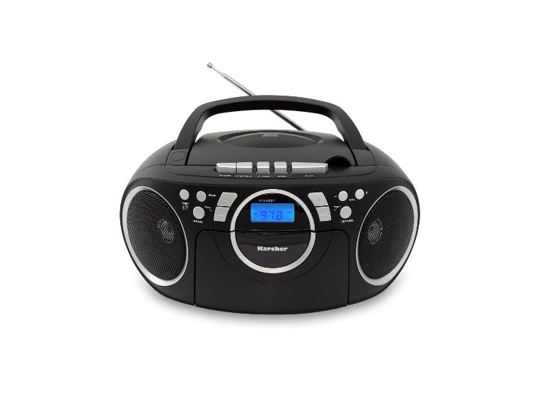 Schwarzer Karcher Boombox mit CD-Player, Radio und Digitalanzeige.