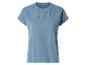 Damen-T-Shirt in Blau mit kurzen Ärmeln und gestickten Cut-Out-Details an den Schultern.