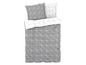 Ein grauer Bettbezug mit einem weißen geometrischen Muster.