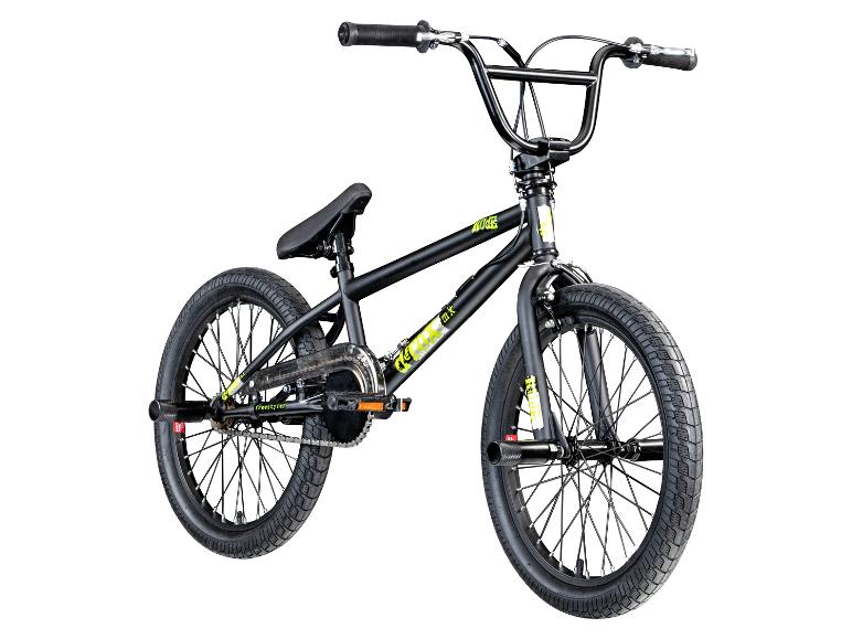 Schwarzes BMX-Fahrrad mit grünen und gelben Akzenten.