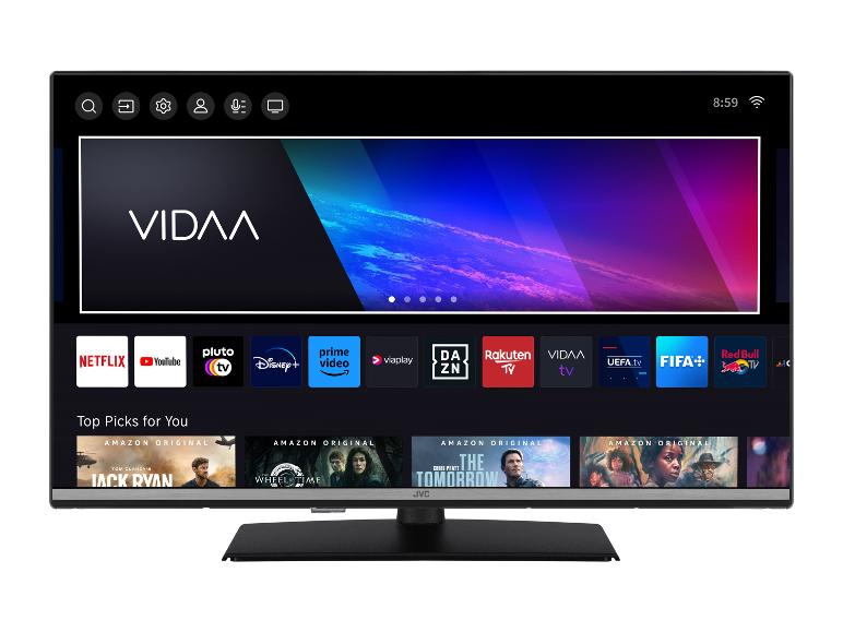 JVC Smart-TV mit VIDAA-Oberfläche und Streaming-Apps wie Netflix, Prime Video und Disney+.