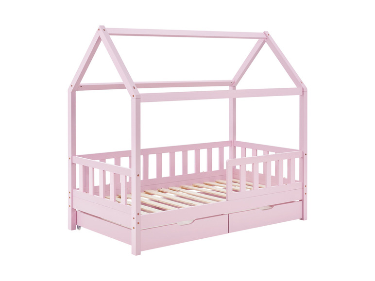 Ein rosa Bett mit einem hausförmigen Rahmen und zwei Schubladen.