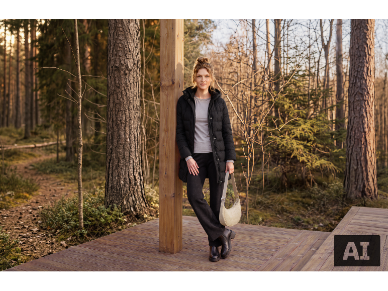 Frau in schwarzer Steppjacke und Hose, mit Handtasche, auf Holzterrasse im Wald.