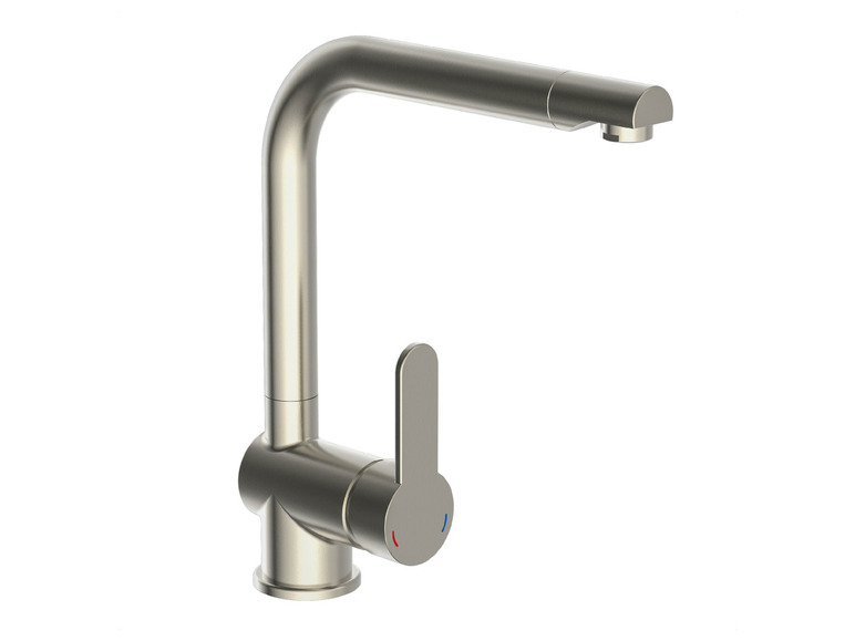 Ein moderner, silberfarbener Küchenhahn mit hohem Auslauf.