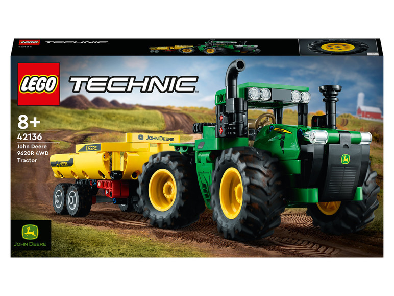 Lego Technic John Deere 9620R 4WD Traktor mit Anhänger.