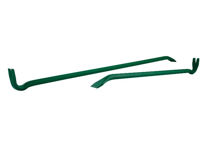 Zwei grüne Brechstangen, eine lange und eine kürzere, für Abbruch- und Hebelarbeiten.