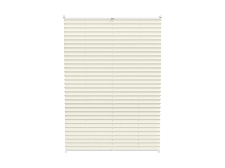 Ein cremefarbener Plissee-Vorhang für das Fenster.