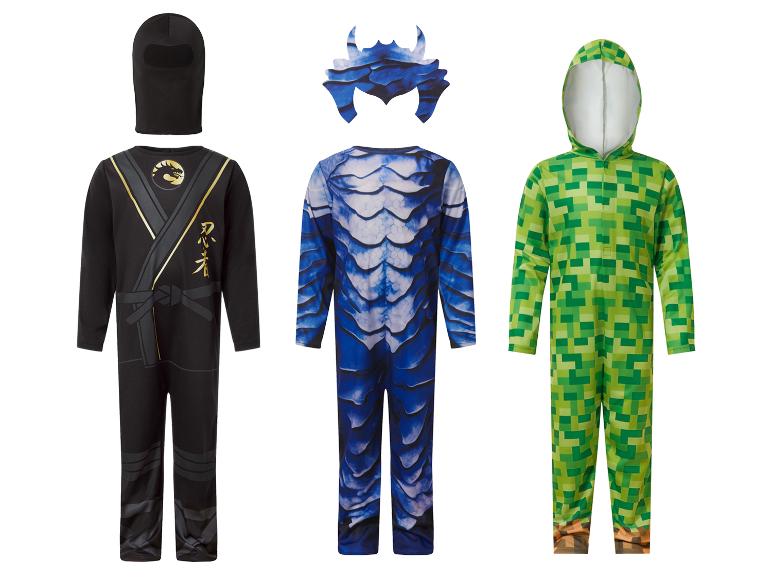 Drei Kinderkostüme: schwarzer Ninja, blauer Drache und grüner Creeper.