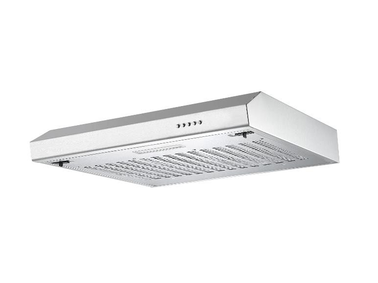 Dunstabzugshaube aus Edelstahl mit Knöpfen und Gittern, auf weißem Hintergrund.