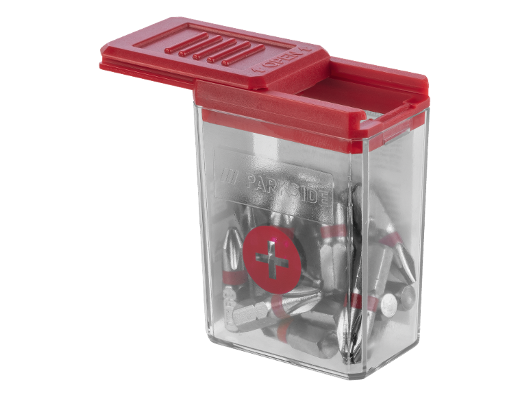 Schraubendreher-Bit-Set in einem transparenten Behälter mit rotem Deckel