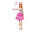 Puppe in glitzerndem pinkfarbenem Kleid, hält einen pinkfarbenen Ballon, trägt Herzbrille und Silberschuhe.