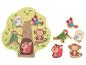 Holzbaum-Puzzle mit Tierformen: Eule, Papagei, Specht, Affe und Eichhörnchen.
