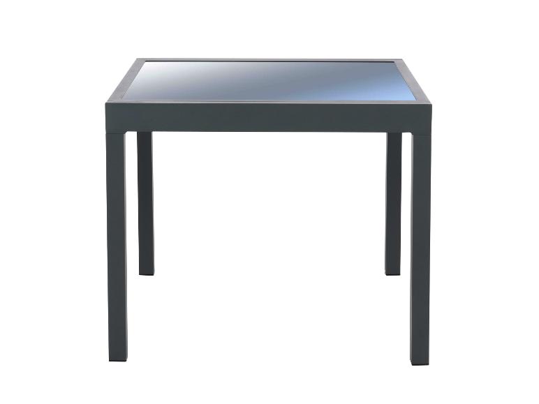 Dunkelgrauer quadratischer Gartentisch mit Glasplatte