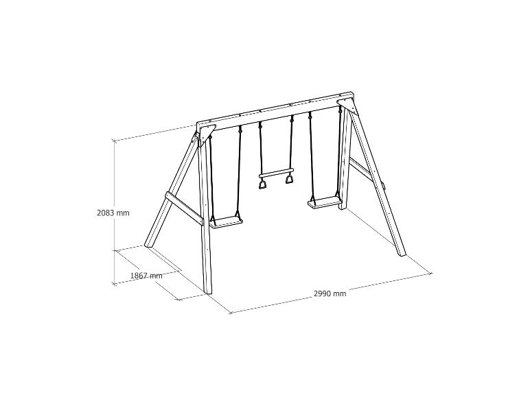 Holzschaukel mit zwei Sitzen und Ringen, Maße 2083x1867x2990 mm.