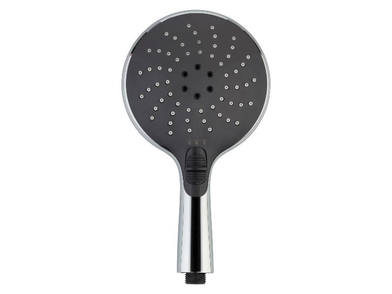 Duschkopf mit schwarzer Brause und verchromtem Griff.