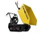 Gelber Raupen-Minidumper mit Kippmulde und freiliegendem Motor.