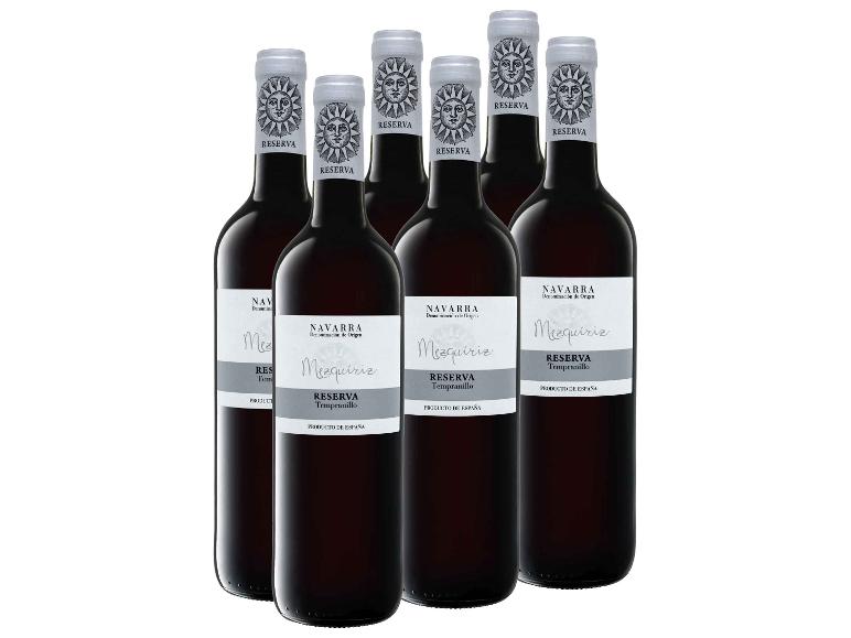 Sechs Flaschen Mezquiriz Reserva Tempranillo Rotwein aus Navarra, Spanien.
