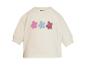Cremefarbenes Baby-Sweatshirt mit drei gestickten Blumen in Rosa, Blau und Bordeaux.