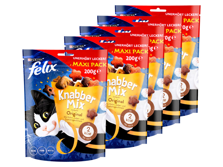 Gehe zu Vollbildansicht: FELIX KnabberMix Original Katzensnack, Knusper-Leckerlie mit 3 Geschmacksrichtungen, 5er Pack (5 x 200g) - Bild 1