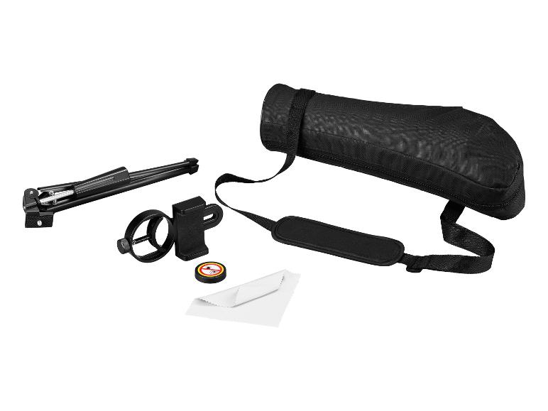 Schwarze Monokular-Tasche, Stativ, Telefonhalterung, Reinigungstuch und Augenschutzabdeckung.